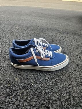 Vans Navy Blue Canvas Low-Top Sneakers with Brown Stripe